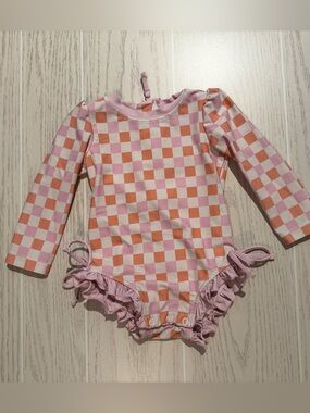 Caden Lane Pink Checkered Ruffle Rash‎ Guard Swimsuit Size 6-12M